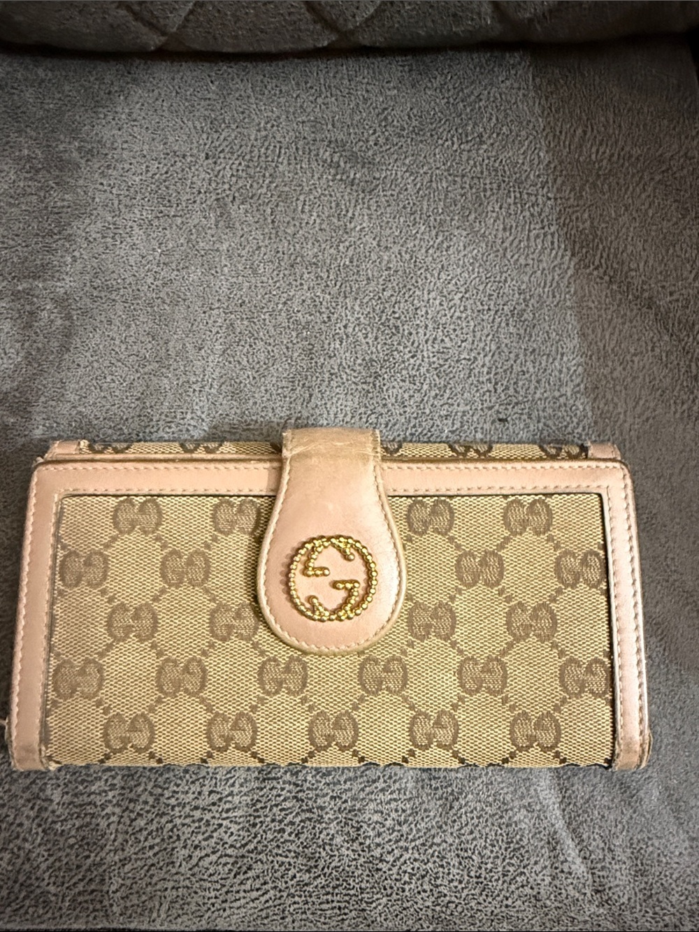 Gucci Beige Monogram Continental Wallet with Light Pink Trim